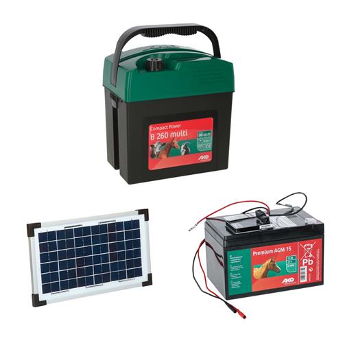 Sada elektrického ohradníku AKO Compact Power B 260 multi + solární panel 5 W + akumulátor 15 Ah Sada elektrického ohradníku AKO Compact Power B 260 multi + solární panel 8 W + akumulátor 15 Ah