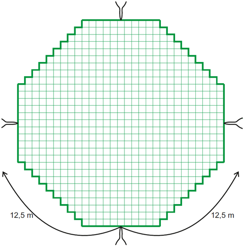 Síť na seno pro ocelovou obruč o pr. 155 cm, tvar osmiúhelníku - oko 10 cm, průměr 7,5 mm, PP Síť na seno pro ocelovou obruč, tvar osmiúhelníku, oko 10 cm, průměr 7,5 mm